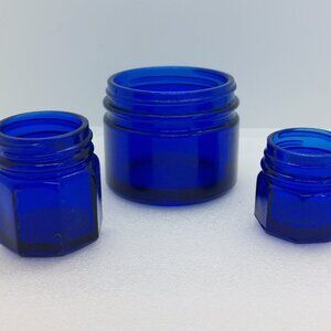 3 Vintage Noxzema Jars Round & Small Octagon Cobalt Blue Bottles Vanity Decor
